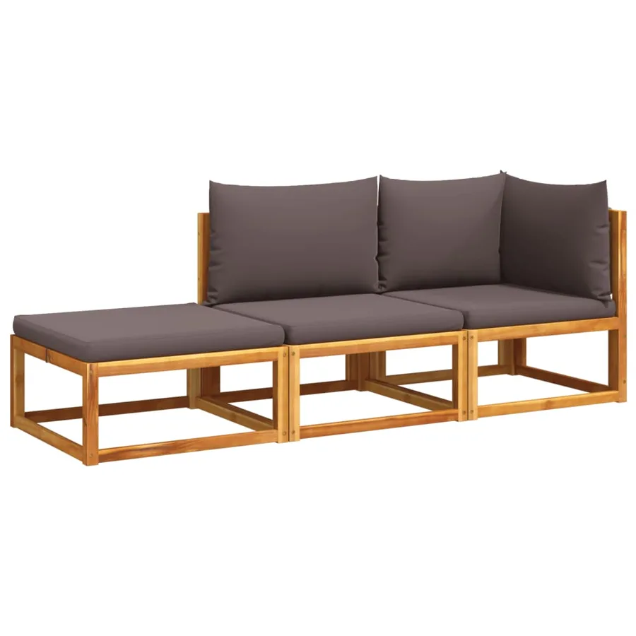 Ensemble de canapés de jardin 3 pièces avec coussins, bois d'acacia et corde, - 2