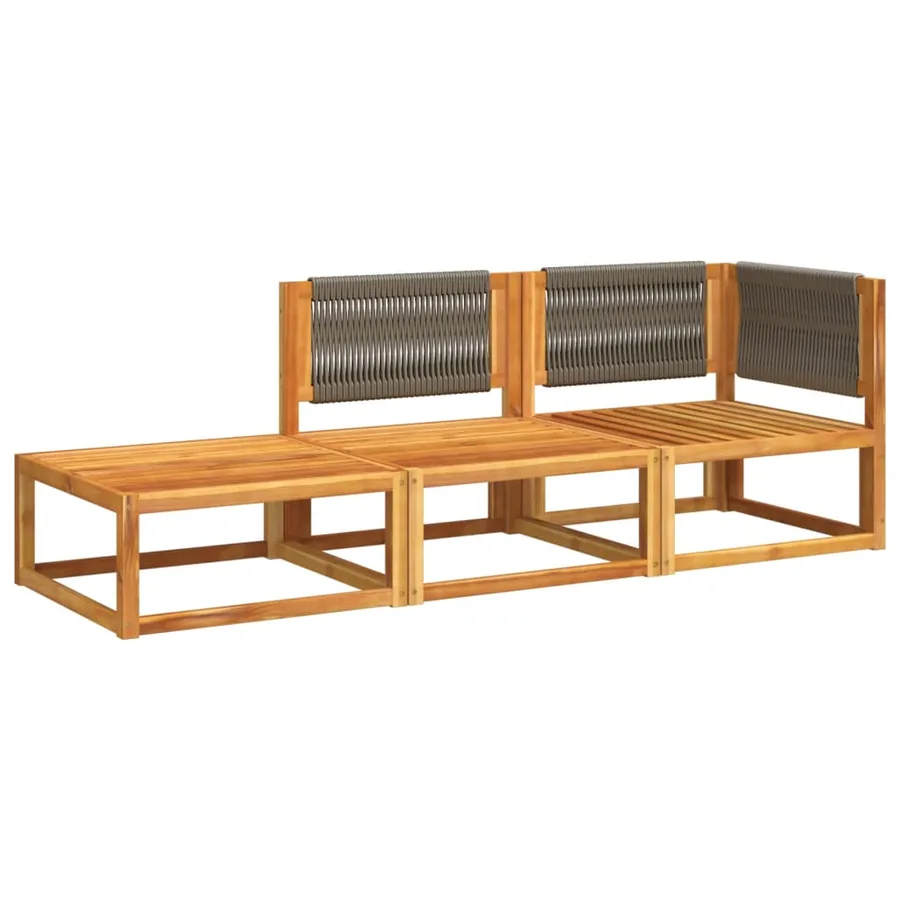 Ensemble de canapés de jardin 3 pièces avec coussins, bois d'acacia et corde, - 3