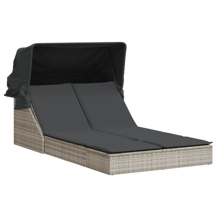 Chaise longue double avec auvent et coussins gris clair rotin - 2