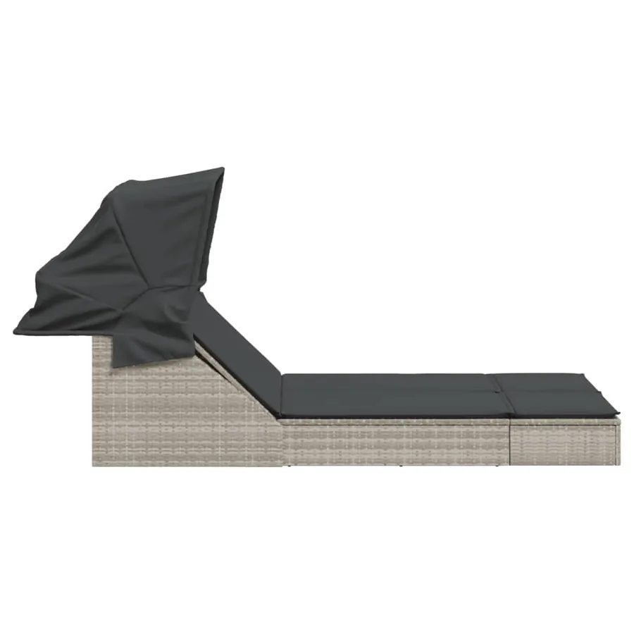 Chaise longue double avec auvent et coussins gris clair rotin - 4