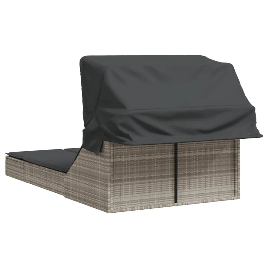 Chaise longue double avec auvent et coussins gris clair rotin - 5