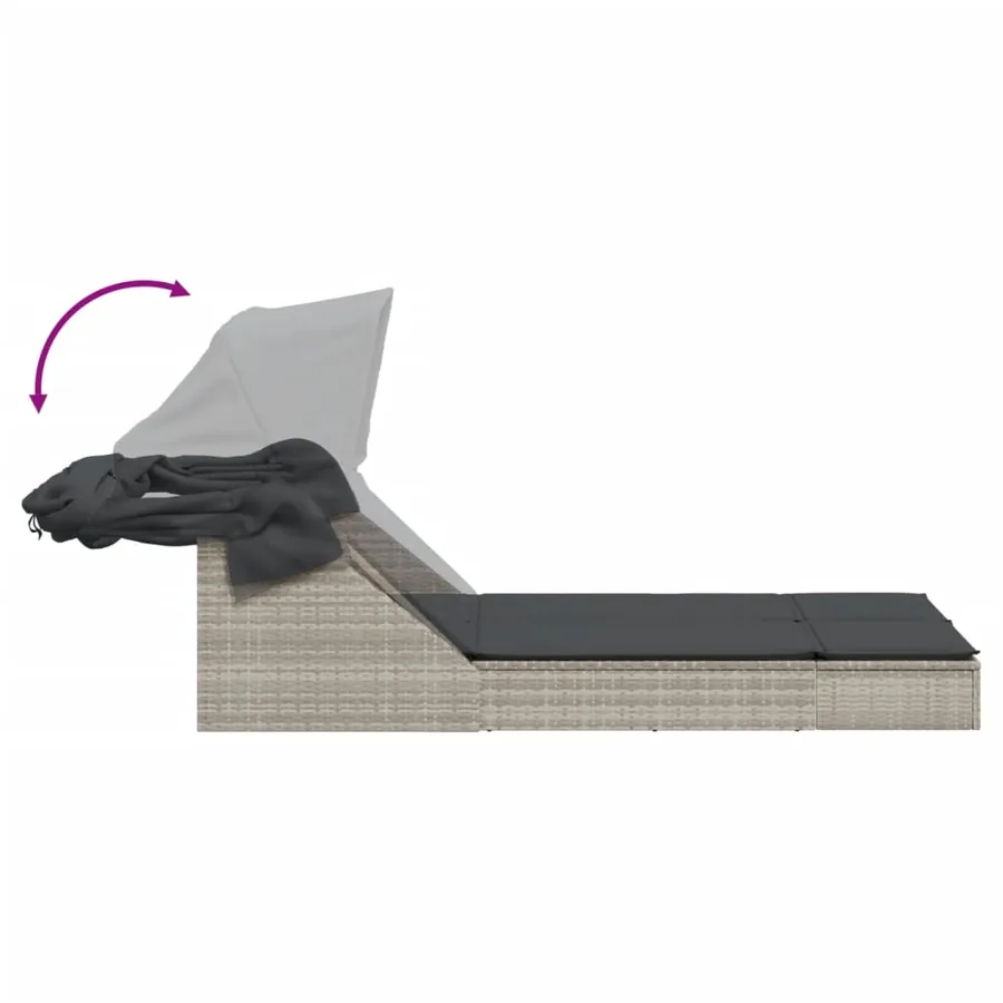 Chaise longue double avec auvent et coussins gris clair rotin - 6