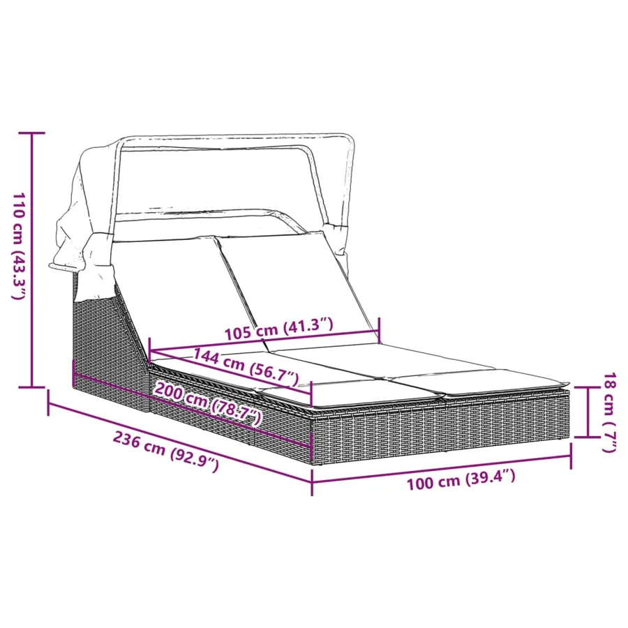Chaise longue double avec auvent et coussins gris clair rotin - 8