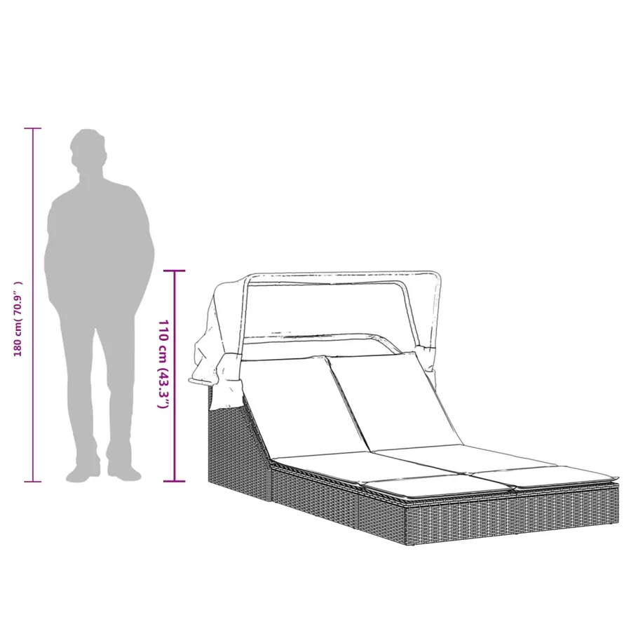 Chaise longue double avec auvent et coussins gris clair rotin - 9