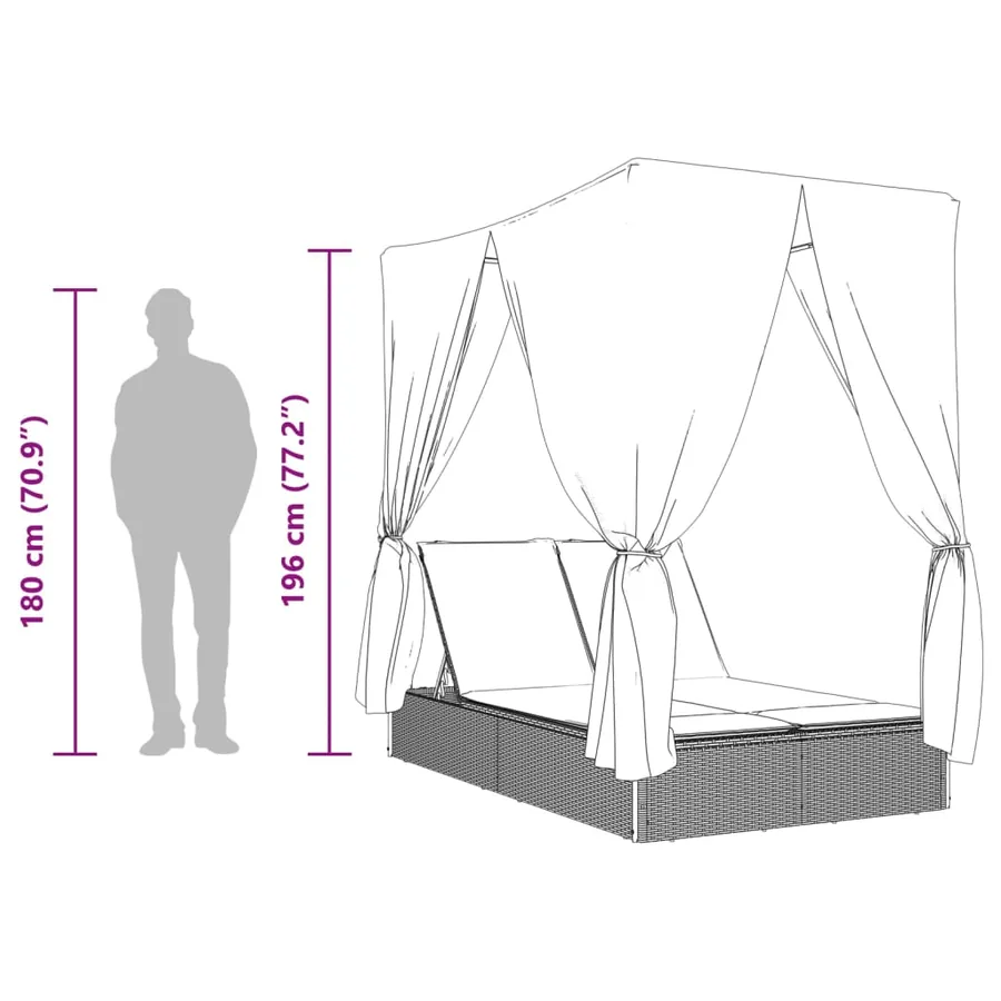 Chaise longue double avec toit et rideaux gris résine tressée - 10