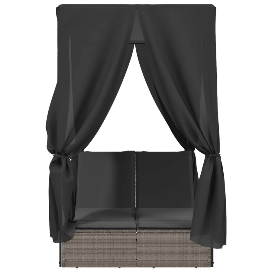 Chaise longue double avec toit et rideaux gris résine tressée - 4