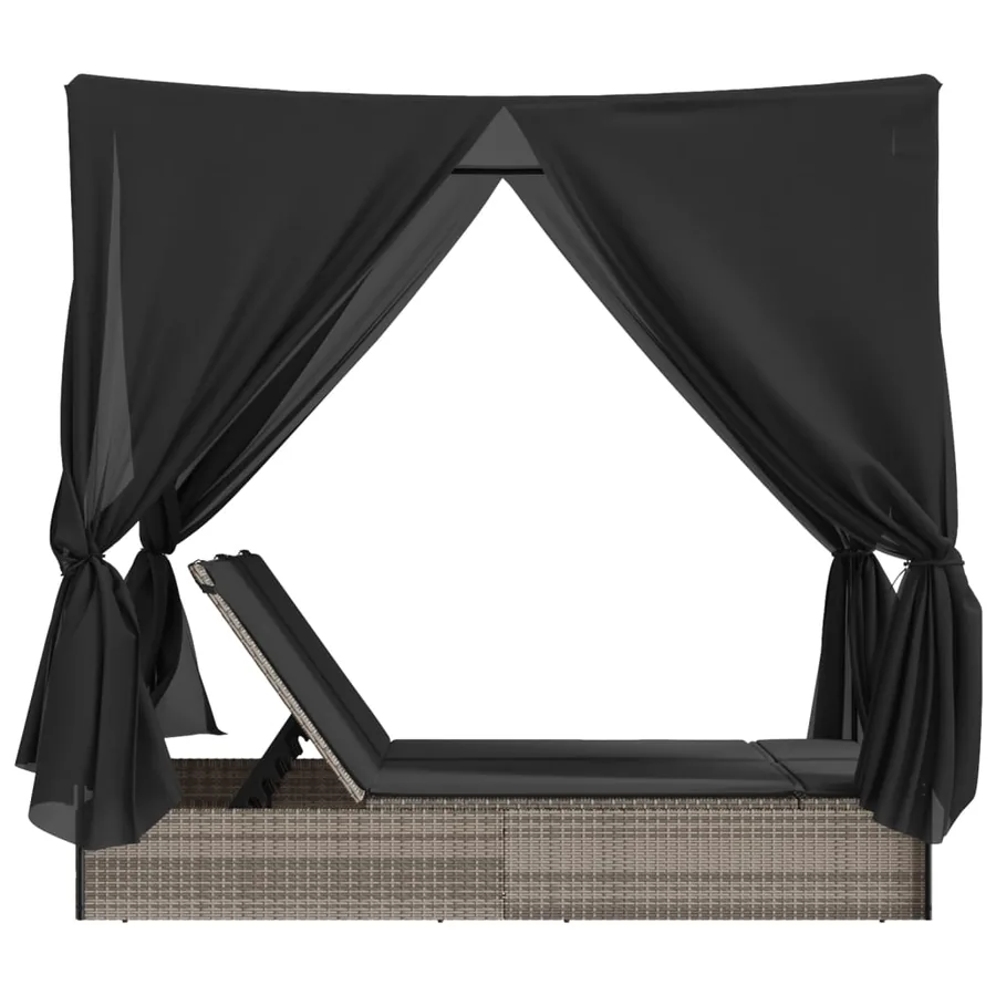 Chaise longue double avec toit et rideaux gris résine tressée - 5