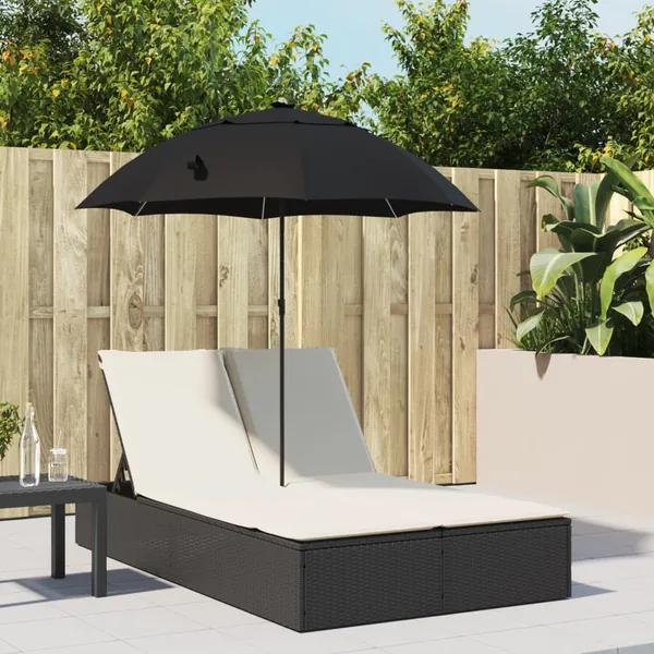 Chaise longue double et coussins et parasol noir résine tressée