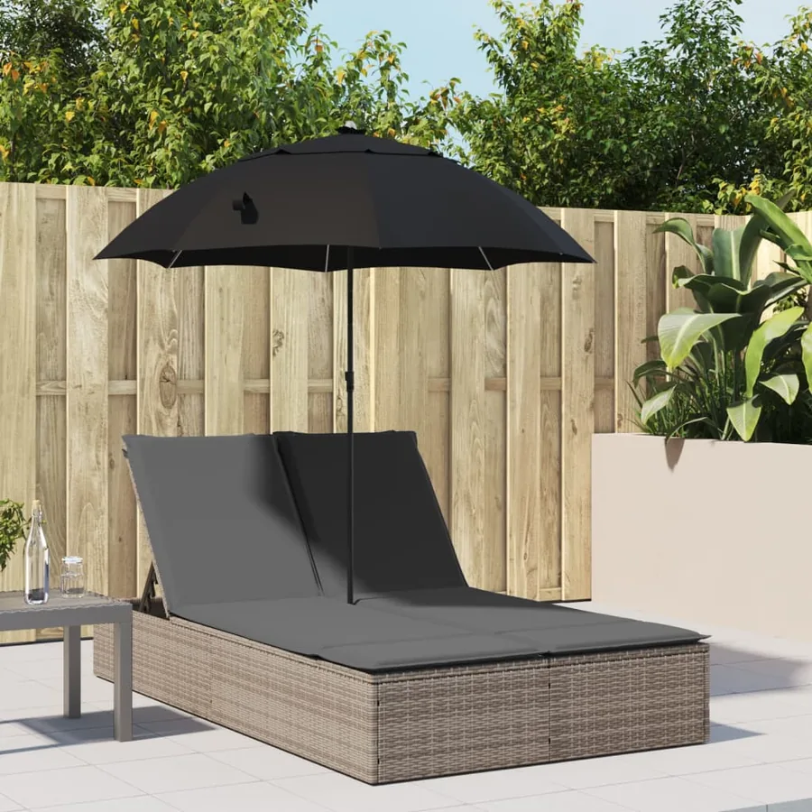 Chaise longue double et coussins et parasol noir résine tressée - 11