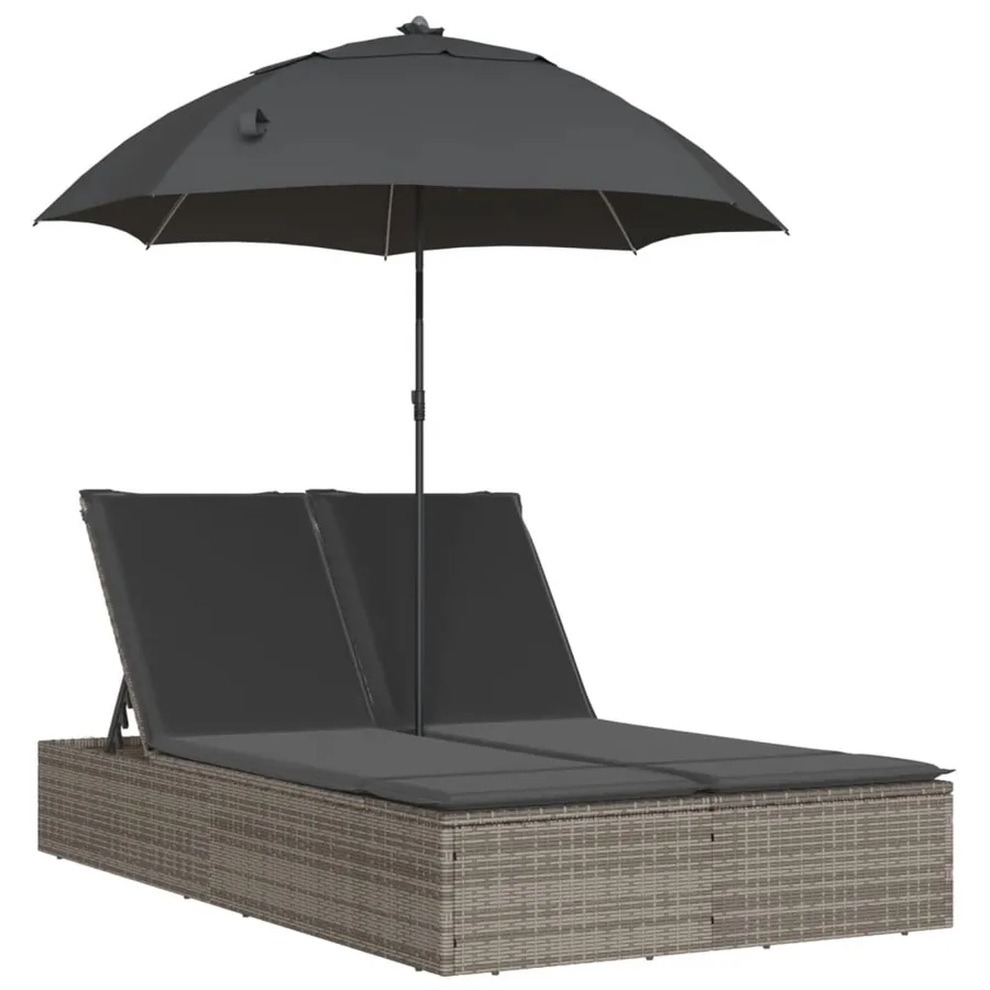 Chaise longue double et coussins et parasol noir résine tressée - 12