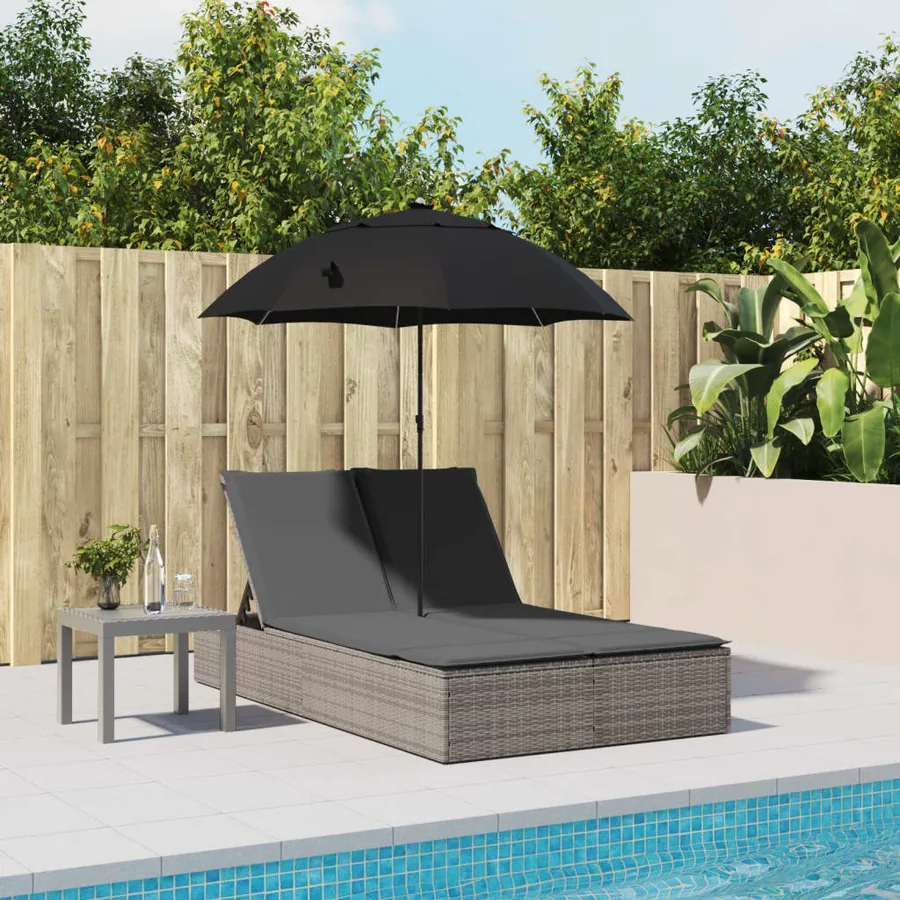 Chaise longue double et coussins et parasol noir résine tressée - 13