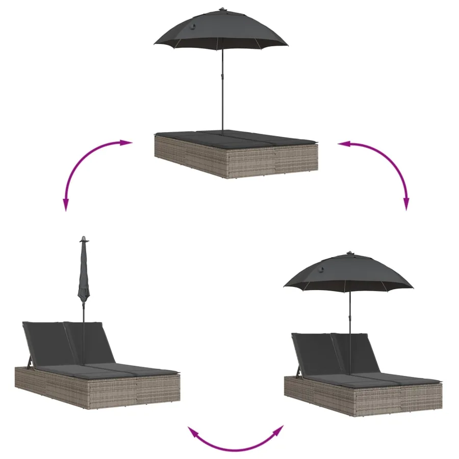 Chaise longue double et coussins et parasol noir résine tressée - 17