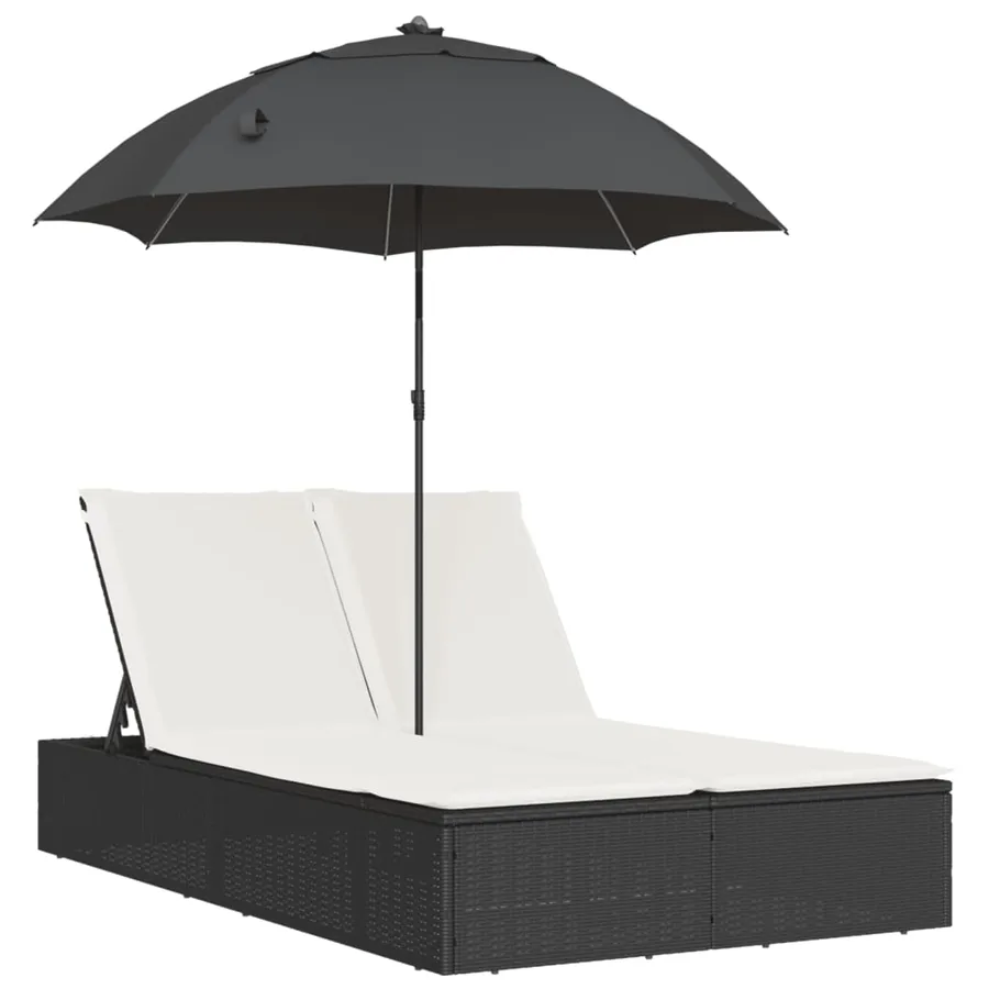 Chaise longue double et coussins et parasol noir résine tressée - 2