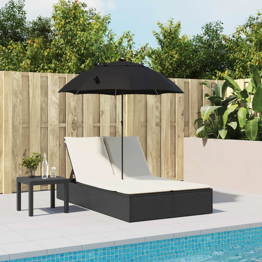 Chaise longue double et coussins et parasol noir résine tressée - 3