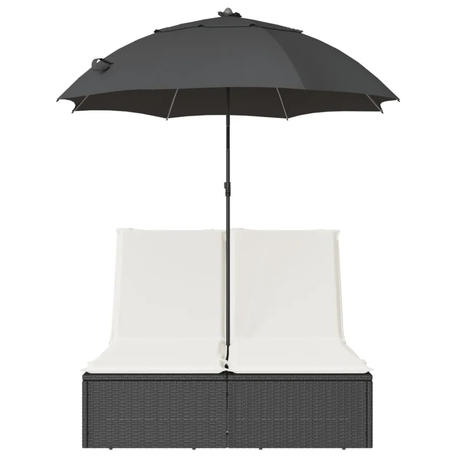Chaise longue double et coussins et parasol noir résine tressée - 4