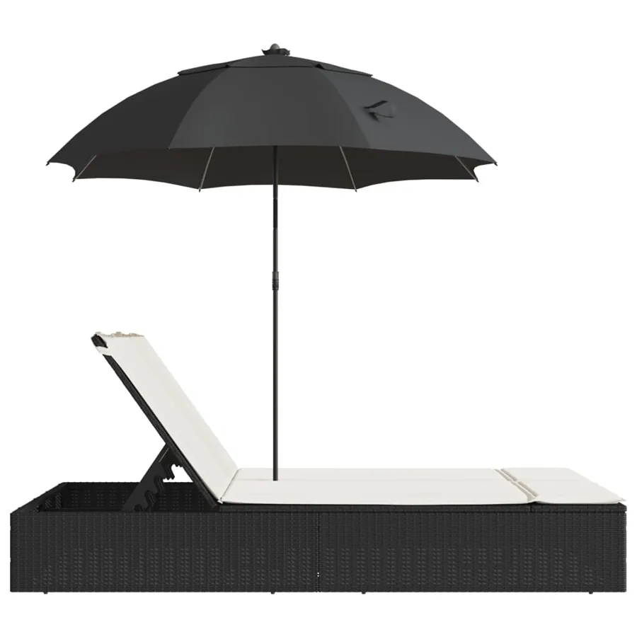 Chaise longue double et coussins et parasol noir résine tressée - 5