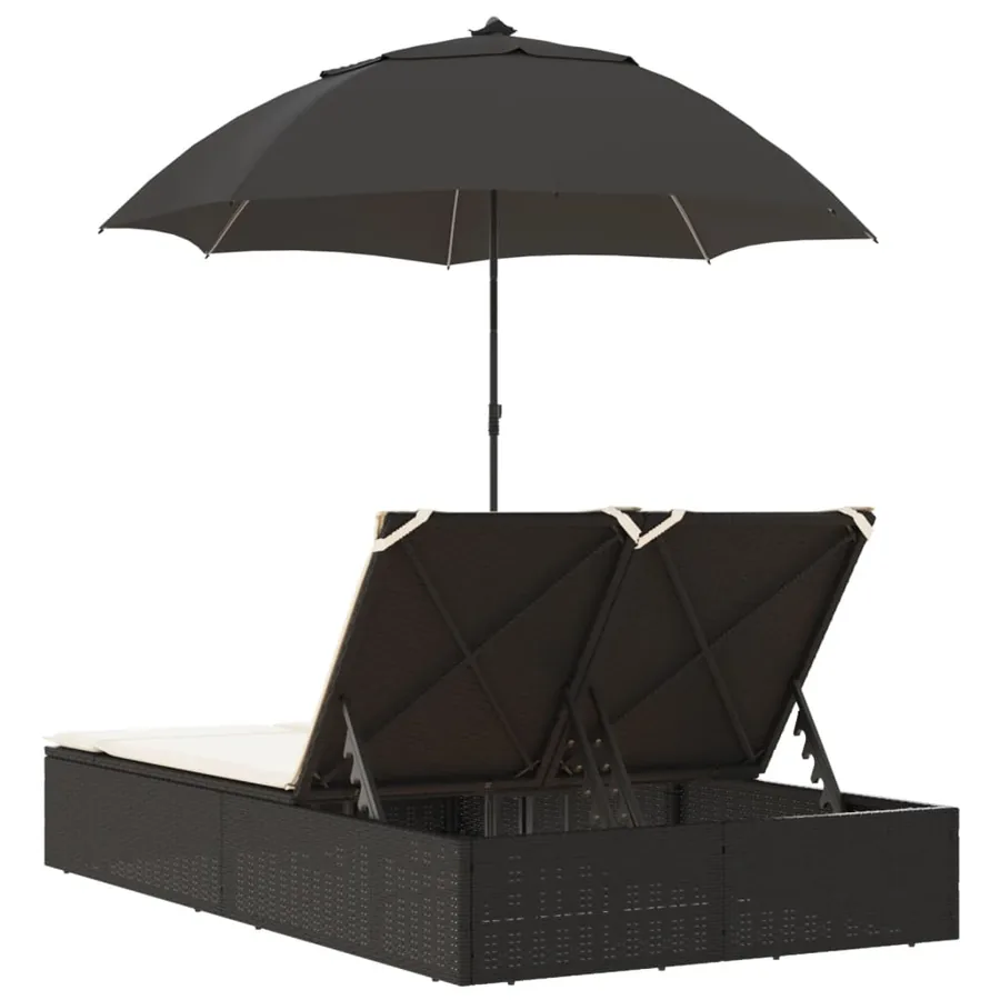 Chaise longue double et coussins et parasol noir résine tressée - 6