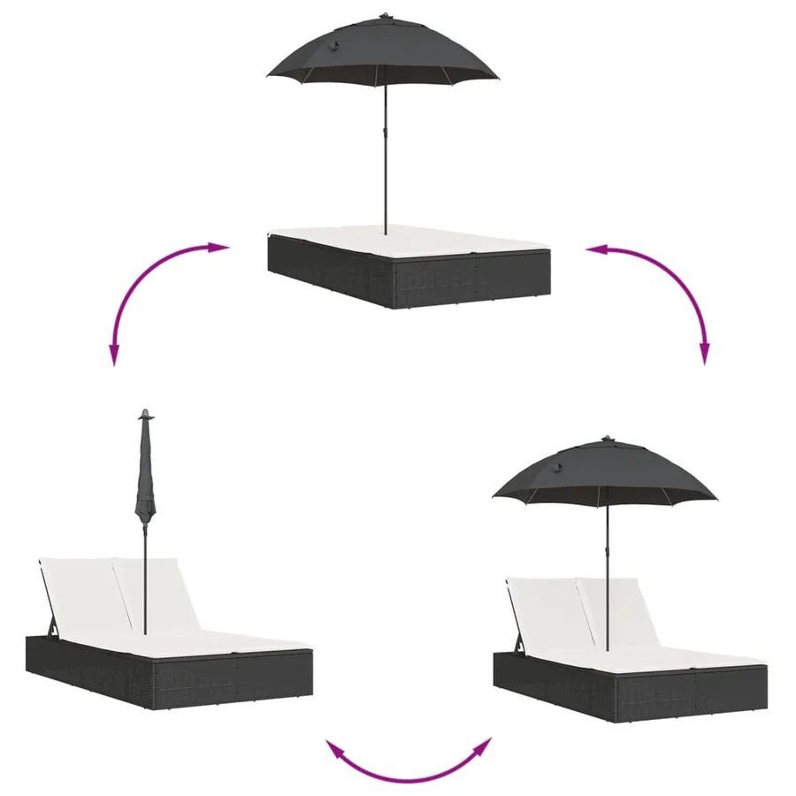 Chaise longue double et coussins et parasol noir résine tressée - 7
