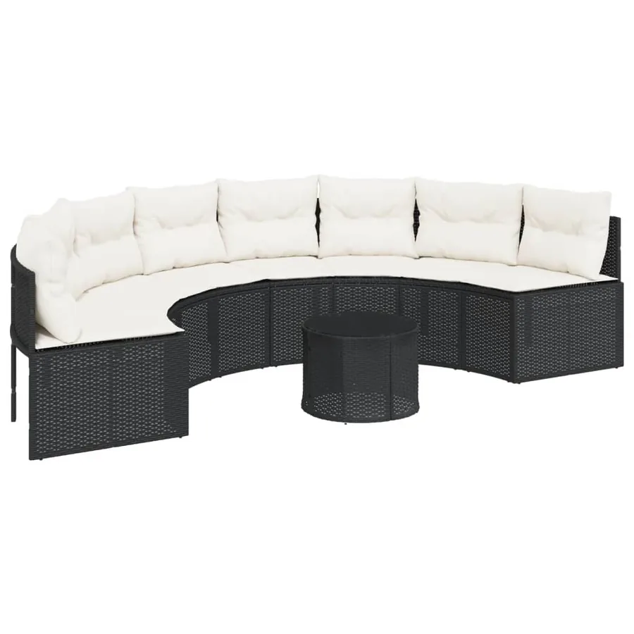 Canapé de jardin table coussins demi-rond noir résine tressée - 2
