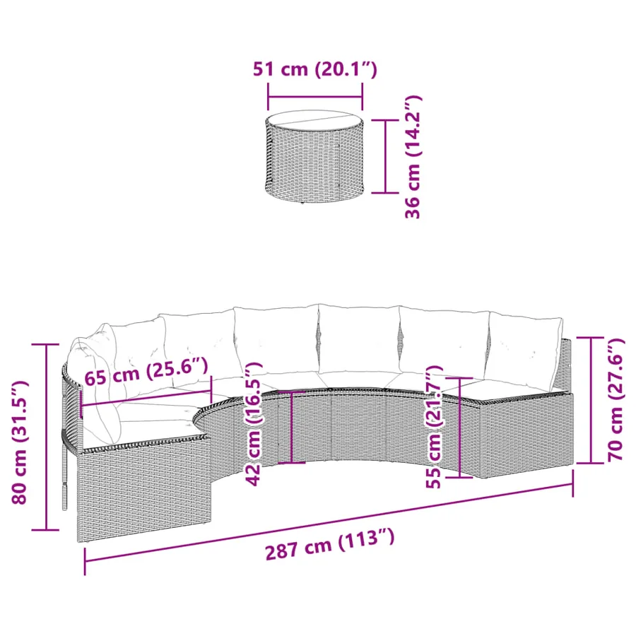 Canapé de jardin table coussins demi-rond noir résine tressée - 9