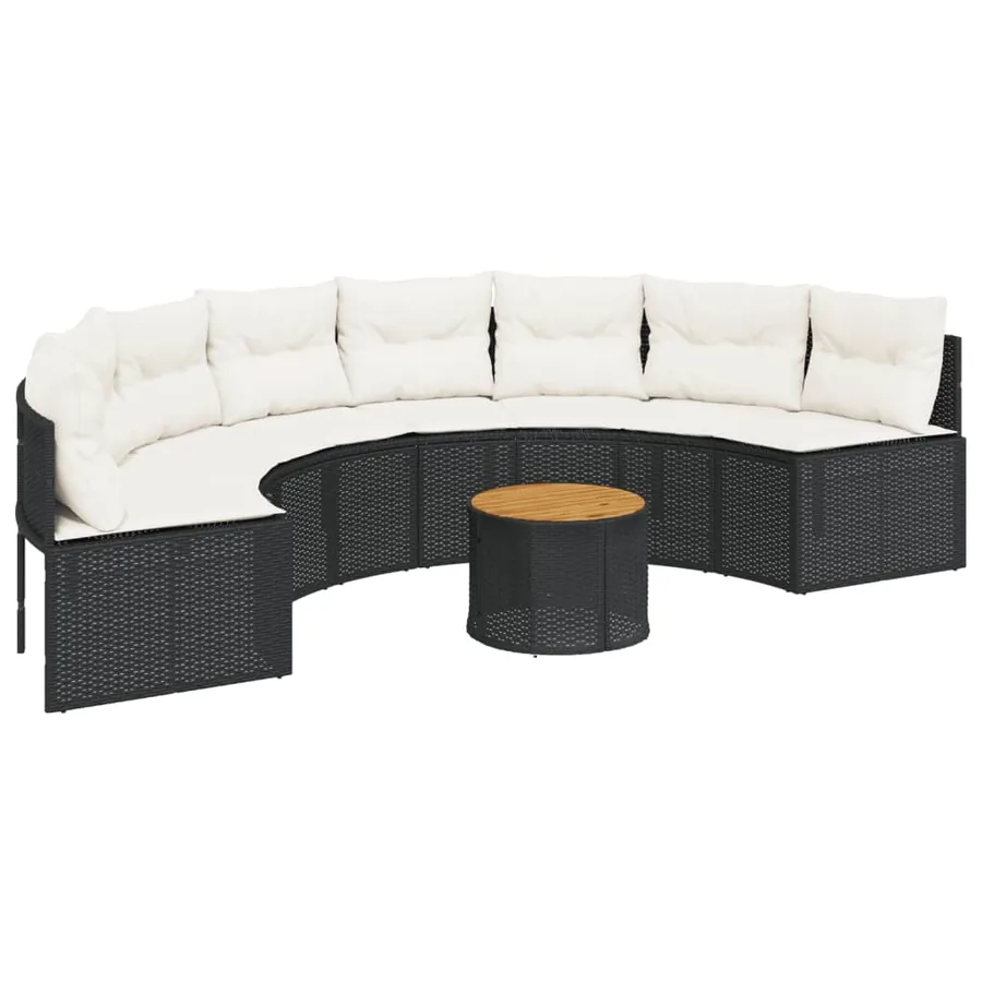 Canapé de jardin table coussins demi-rond noir résine tressée - 2