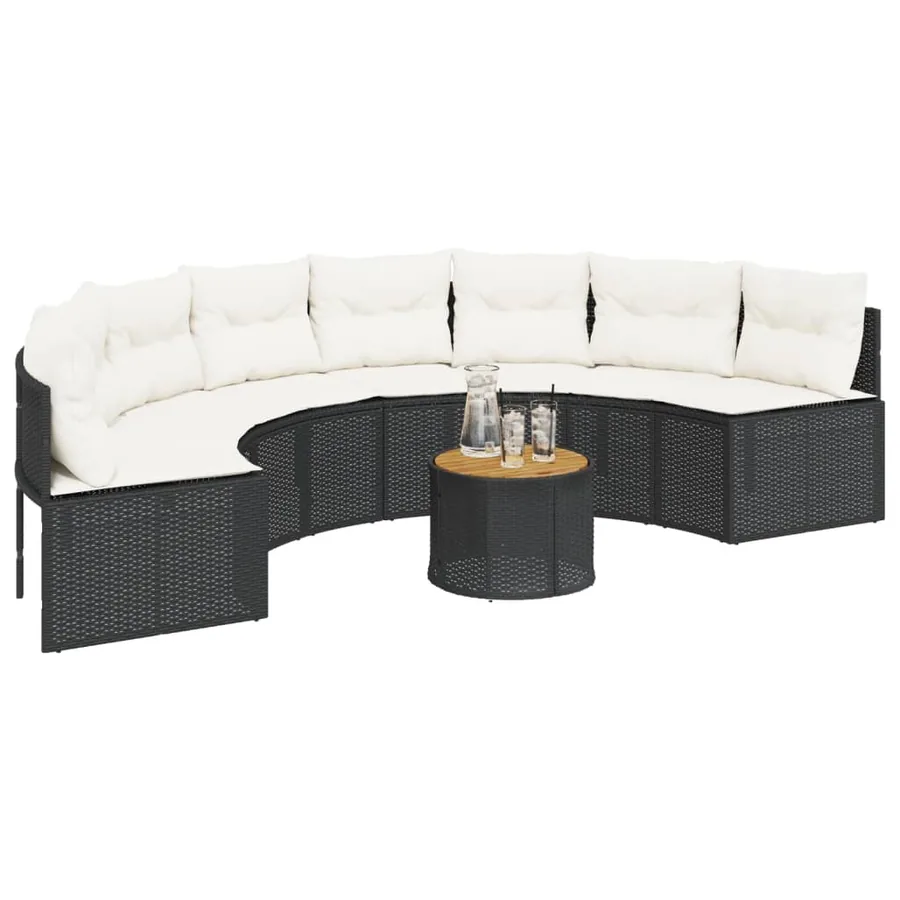 Canapé de jardin table coussins demi-rond noir résine tressée - 3