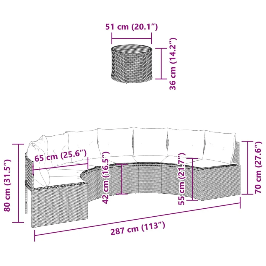 Canapé de jardin table coussins demi-rond noir résine tressée - 9