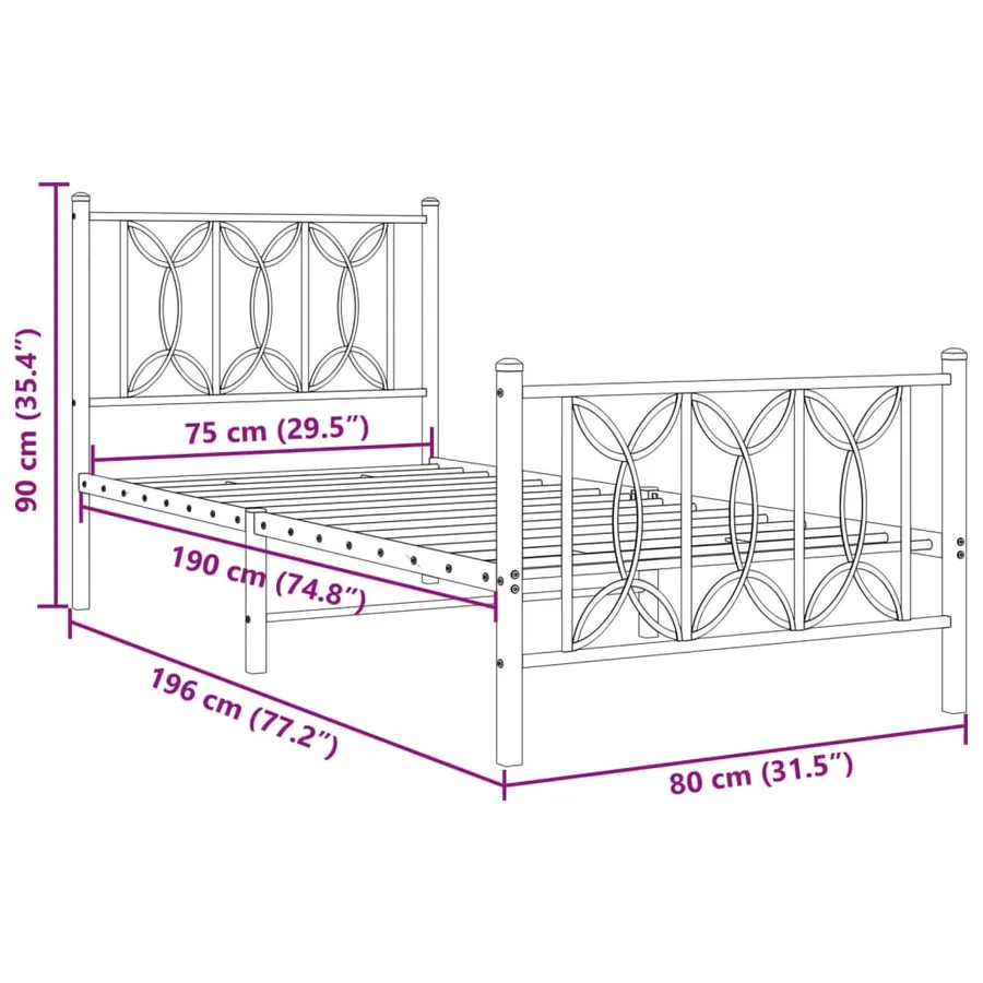 Cadre de lit métal sans matelas avec pied de lit noir 75x190 cm - 8