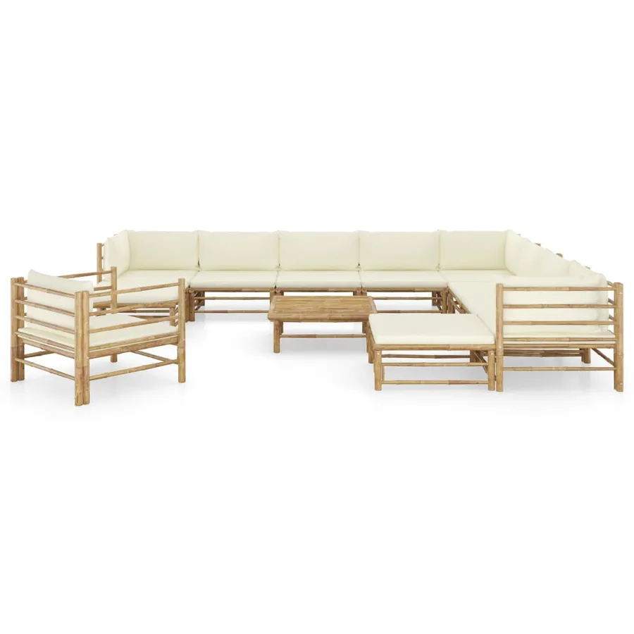 Salon de jardin 12 pcs avec coussins blanc crème bambou - 2