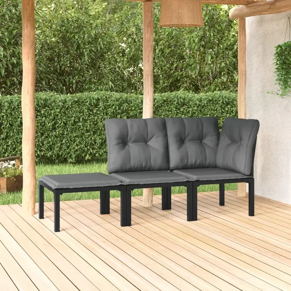 Garden lounge set 3 pcs black and grey poly rattan