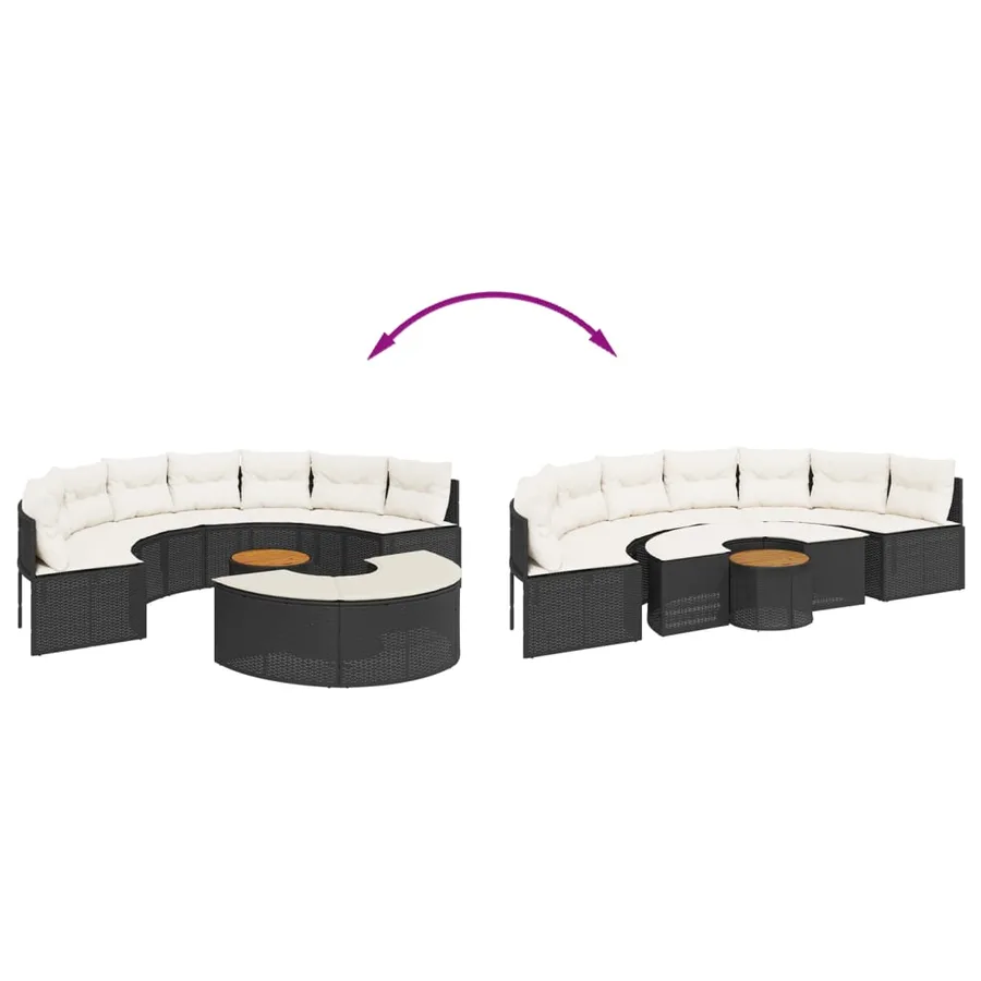 Salon de jardin 3 pcs demi-rond noir résine tressée - 7