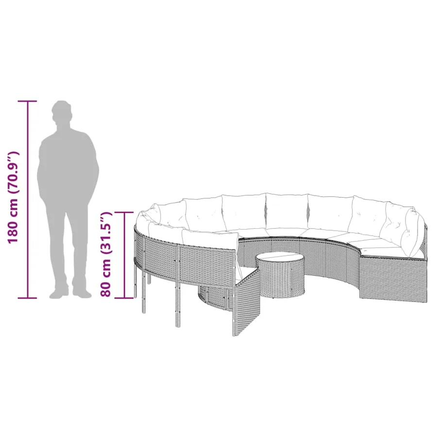 Canapé de jardin avec table coussins rond gris résine tressée - 13