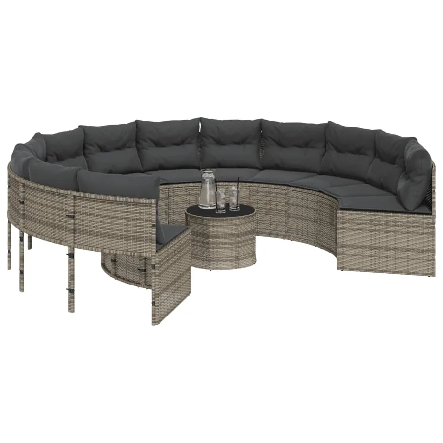 Canapé de jardin avec table coussins rond gris résine tressée - 3
