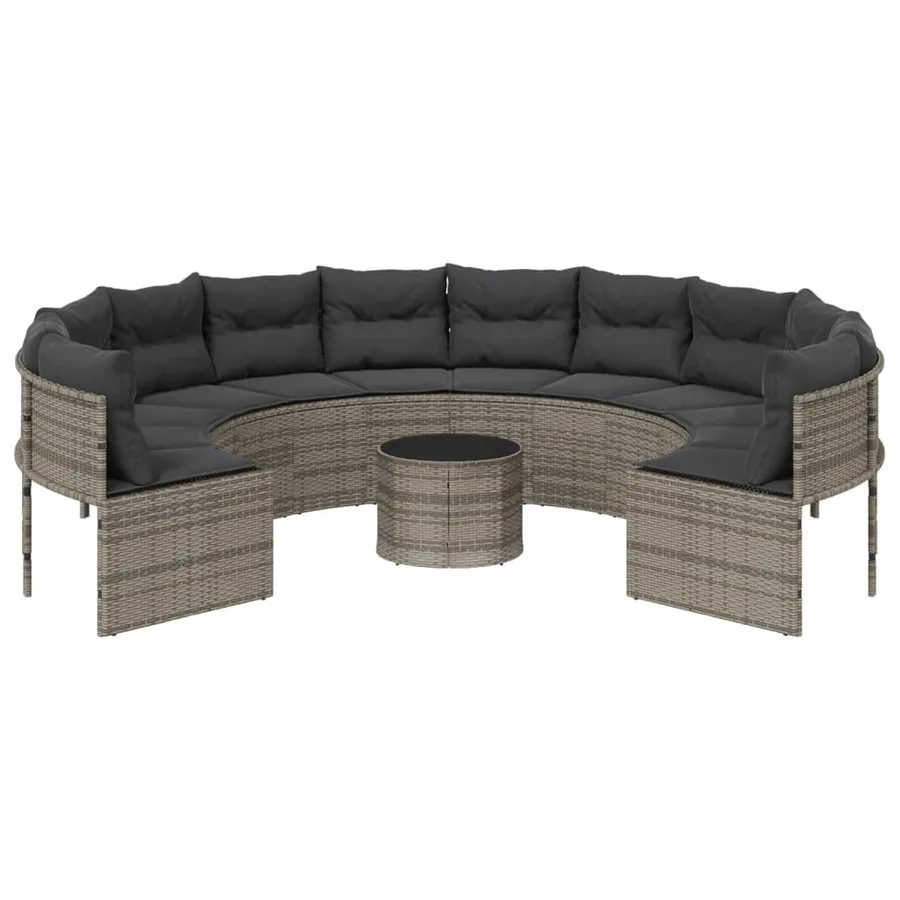Canapé de jardin avec table coussins rond gris résine tressée - 4