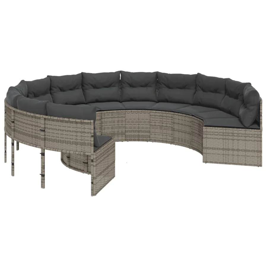Canapé de jardin avec table coussins rond gris résine tressée - 5