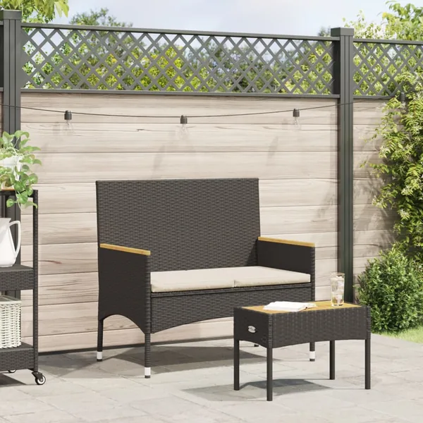 Banc de jardin 2 places avec coussins/table noir résine tressée