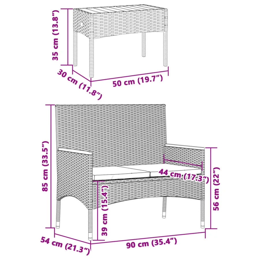 Banc de jardin 2 places avec coussins/table noir résine tressée - 11