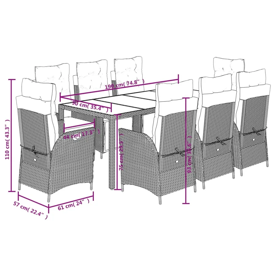 Ensemble à manger de jardin 9pcs coussins noir résine tressée - 12