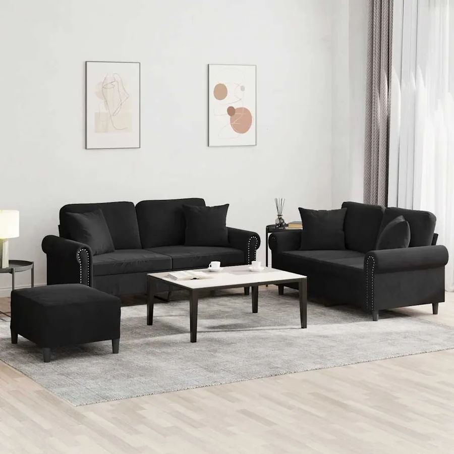 Ensemble de canapés 3 pcs avec coussins noir velours