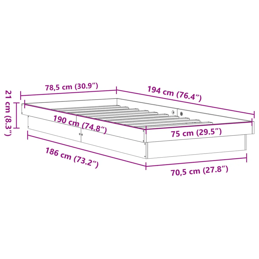 Cadre de lit à LED sans matelas 75x190 cm bois massif - 15