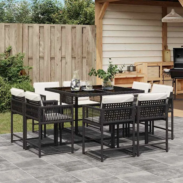 Ensemble à manger de jardin 9pcs coussins noir résine tressée