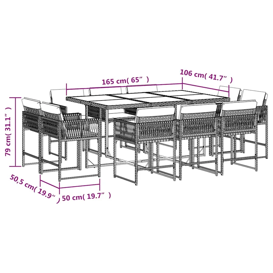 Ensemble à manger de jardin 11pcs avec coussins gris poly rotin - 5