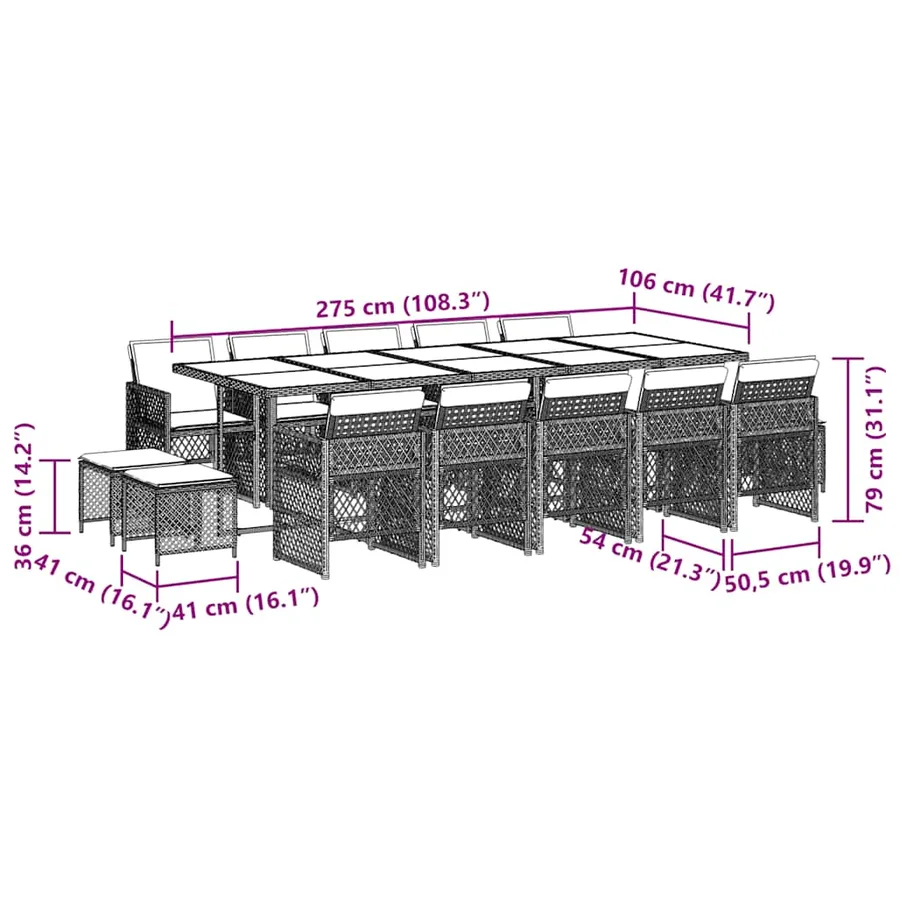 Ensemble à manger de jardin et coussins 15 pcs gris clair rotin - 11