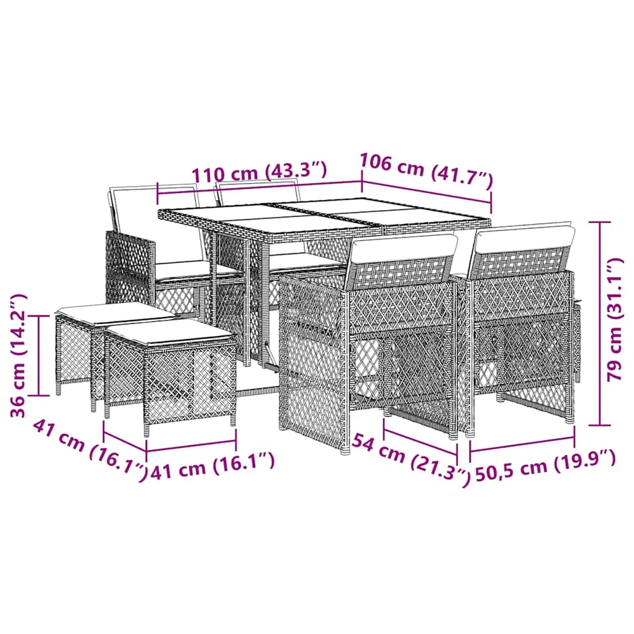 Ensemble à manger de jardin et coussins 9 pcs gris clair rotin - 11