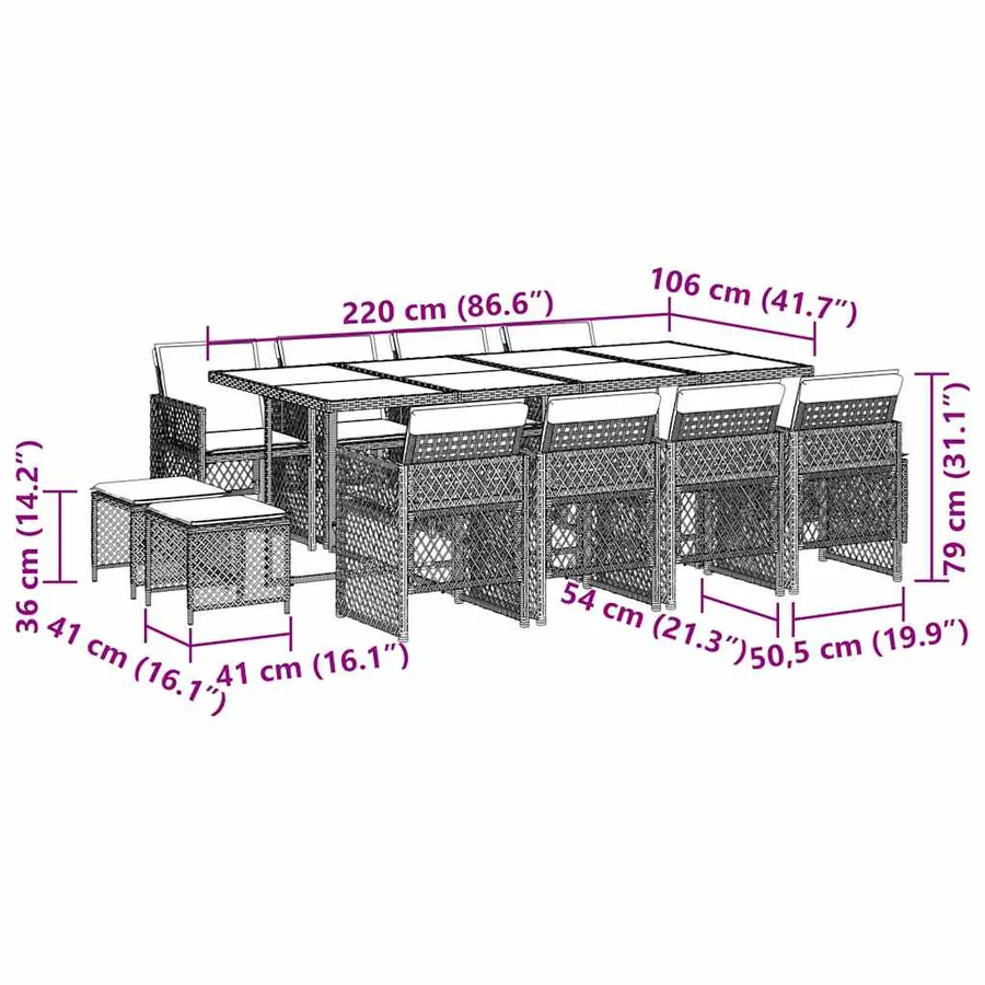Ensemble à manger de jardin et coussins 13 pcs gris clair rotin - 11