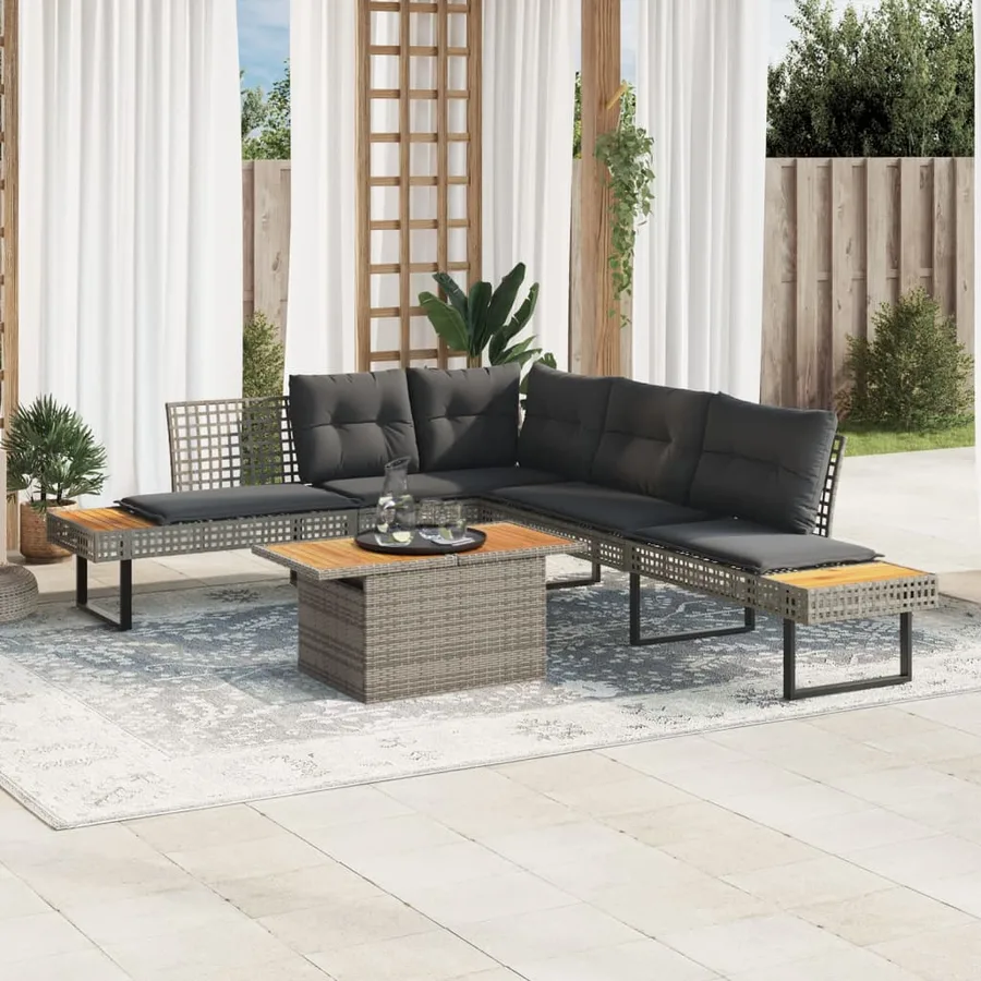 Salon de jardin avec coussins 5 pcs gris résine tressée acacia - 2