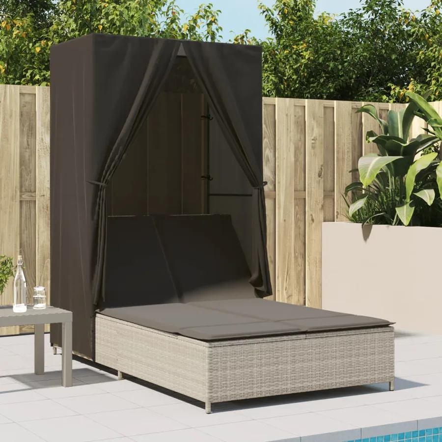Chaise longue double avec toit et rideaux gris clair poly rotin - 3