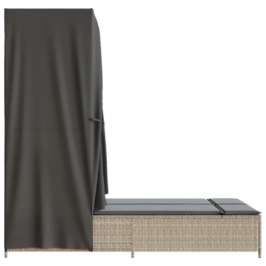 Chaise longue double avec toit et rideaux gris clair poly rotin - 5