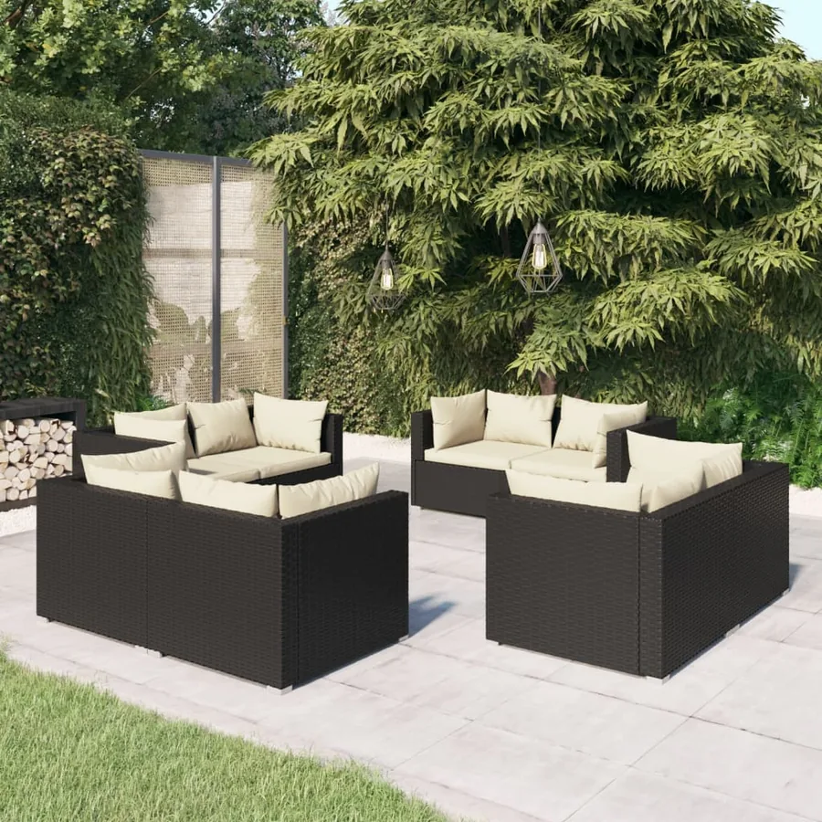 Salon de jardin 8 pcs avec coussins Résine tressée Noir