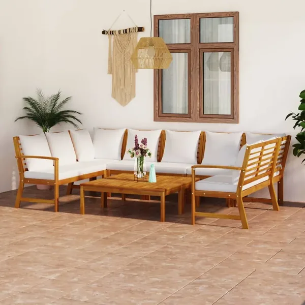 Salon de jardin 9 pcs avec coussin Crème Bois d'acacia solide